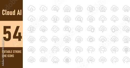 Cloud AI and Cloud Computing icon set. Editable line icons. Vector illustration.