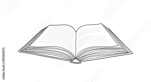 Outline Drawing of an Open Book on Isolated White Background