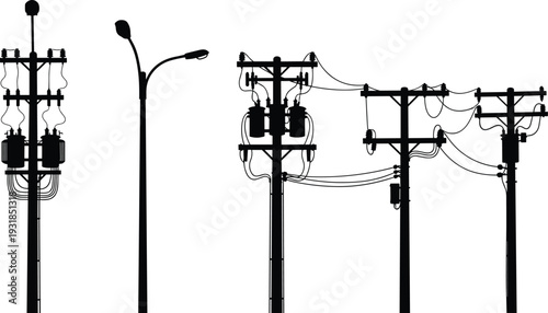 Black silhouettes of power lines and streetlights on white background