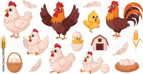 Cute Farm Chicken Collection with Rooster Hen Chick Eggs Nest Barn and Feathers Vector Illustration Set
