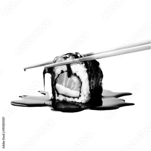 Sushi roll with chopstick isolated on light background. Japanese cuisine piece with rice and filling for restaurant, menu and food concept.