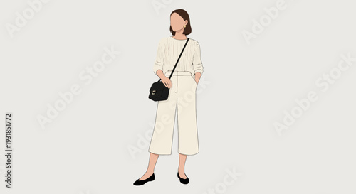 Stylish young woman posing elegantly in a cream sweater and wide-leg pants with a black crossbody bag on an isolated white background.