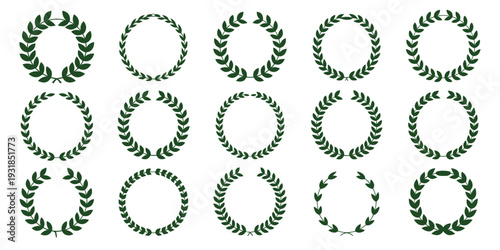 Collection of thirty different circular black vector laurel wreaths and circlets for heraldry, antiquity, awards, victory, excellence, and decorative designs ideal for logos, certificates, and creativ