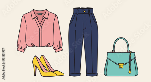 Vector illustration set of women’s clothes including shirt pants jacket dress and casual fashion garments
