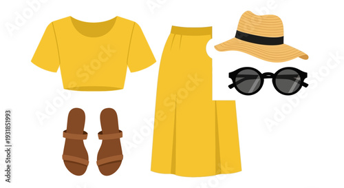 Women's bright casual summer outfit featuring a yellow crop top, matching yellow flowy skirt, brown flat sandals, a straw hat, and round sunglasses, isolated white background.