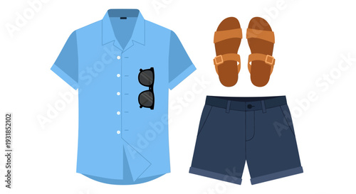 Men's casual summer outfit featuring a light blue short-sleeve button-down shirt, dark blue shorts, brown sandals, and black sunglasses, isolated white background.