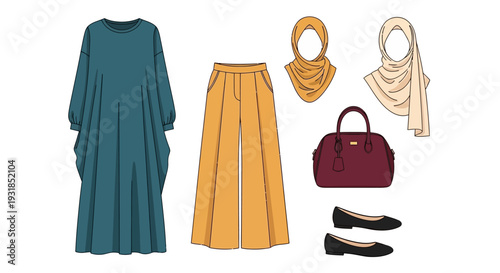Elegant Muslim women's modest outfit with a teal dress, flowing mustard yellow palazzo pants, matching hijabs, a maroon handbag, and black ballet flats, isolated white background.