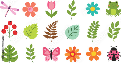 Cute Garden Nature Elements Collection with Flowers Leaves Frog Butterfly and Ladybug Vector Illustration Set