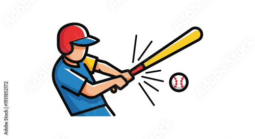 A colorful illustration depicts a baseball player swinging a bat at a pitched ball creating a dynamic scene silhouette