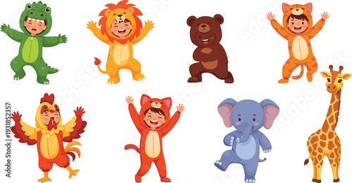 Cute Kids Wearing Animal Costumes Collection with Lion Bear Elephant Giraffe and Dinosaur Cartoon Characters