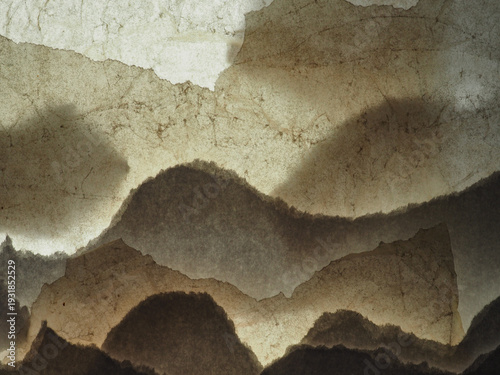 Abstract art background of backlit layered paper textures, authentic handmade organic composition for interior decor.