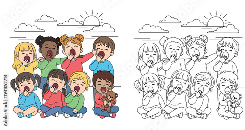 Cute diverse group of cartoon children yawning together. Happy sleepy kids waking up in the morning with sun background