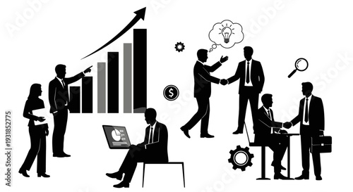 Business success vector illustration depicting teamwork, growth, and strategic planning in a modern corporate environment with professional individuals collaborating effectively, symbolizing progress