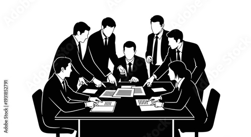Vector illustration of a productive business meeting, where a professional corporate team collaborates around a table, driving strategic discussions and making key decisions