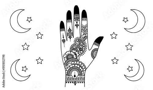 Arabian henna hand with crescent flat vector Islamic festive design