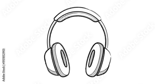 Vintage Style Over-Ear Headphones Outline Drawing Vector Illustration on Isolated White Background