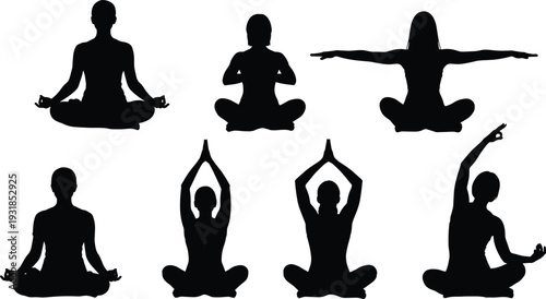 Seven black silhouettes of people in various yoga poses meditation exercise