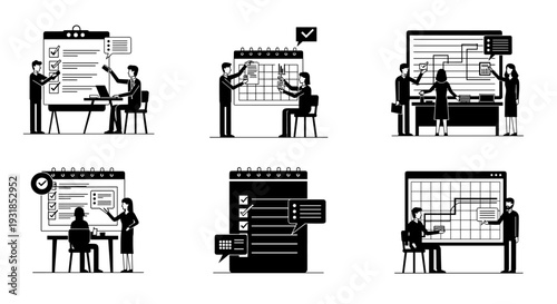 Comprehensive vector illustration set showcasing effective business strategies, project planning, data analysis, and teamwork for optimal management and productivity