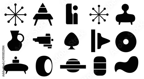 Abstract vector graphics collection of mid-century modern iconic shapes and symbols in black and white, evoking retro futurism and minimalist design aesthetics