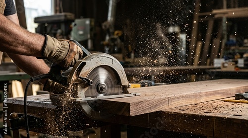 Carpenter cutting wood with circular saw in workshop