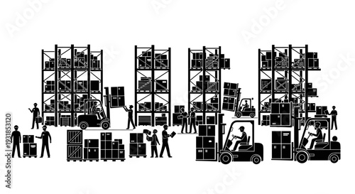 Vector illustration of a busy warehouse with forklifts, workers, and shelves full of boxes, depicting logistics and inventory management operations