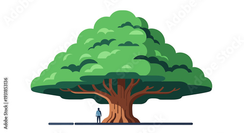 Massive Ancient Oak Tree with Tiny Human Silhouette for Scale. Vector Illustrations. EPS Editable