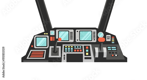 Modern Aircraft Cockpit Dashboard with Digital Displays and Controls. Vector Illustrations. EPS Editable