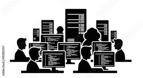 A comprehensive vector graphic illustrating a dedicated team of IT professionals managing servers and processing data, highlighting collaborative technology operations