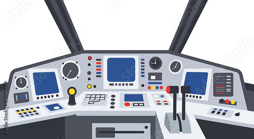 Modern Airplane Cockpit Interior with Advanced Digital Displays and Controls. Vector Illustrations. EPS Editable