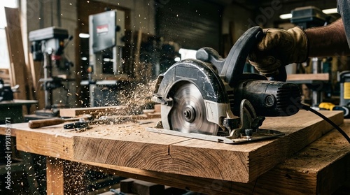 Carpenter cutting wood with circular saw in workshop
