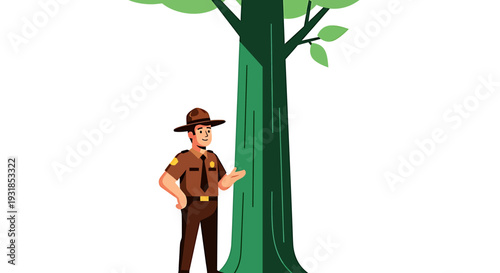 Park Ranger Standing Next to a Tall Green Tree. Vector Illustrations. EPS Editable