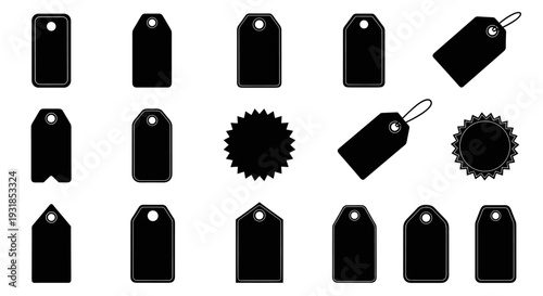 Collection of black tags in different shapes and styles, isolated on a white background, in a clean vector graphic format for diverse design applications