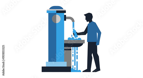 Person Filling Water Bottle at Public Drinking Fountain. Vector Illustrations. EPS Editable