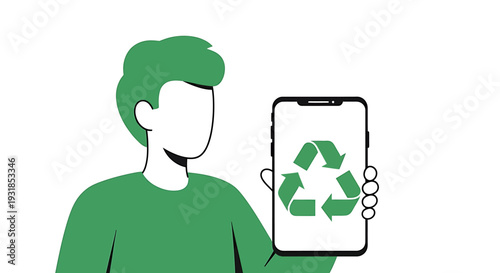 Person Holding Smartphone with Recycling Symbol Illustrating Digital Sustainability. Vector Illustrations. EPS Editable
