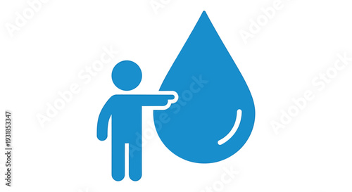 Person Pointing to a Large Blue Water Droplet Icon. Vector Illustrations. EPS Editable