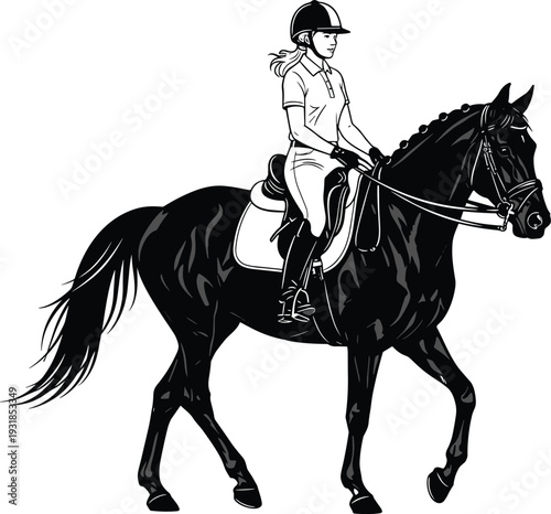 Black silhouette vector illustration of horseback rider wearing helmet on saddled horse in motion representing equestrian sport training and outdoor activity