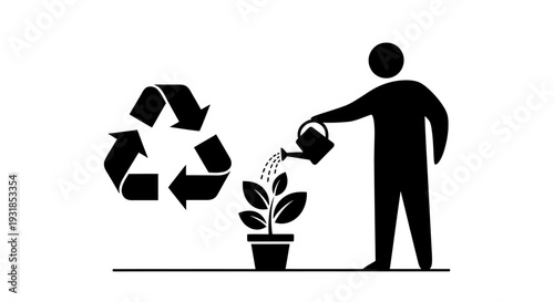 Person Watering Plant Next to Recycling Symbol. Vector Illustrations. EPS Editable
