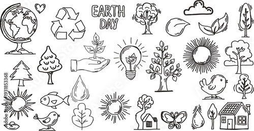 Earth Day Icon Set with Hand‑Drawn Environmental Symbols, Nature Elements, and Sustainability Graphics.