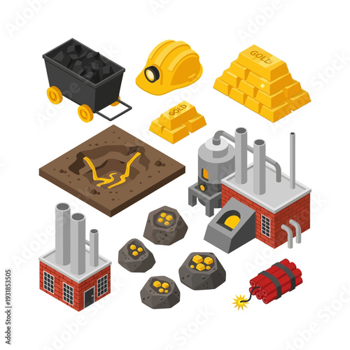 Isometric Mining Industry Elements Set with Gold, Coal, and Factory Buildings.