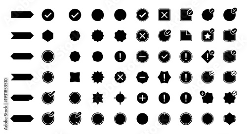 A comprehensive vector icon set featuring a variety of symbols, including checkmarks, circles, and warning signs, suitable for diverse digital applications and design projects