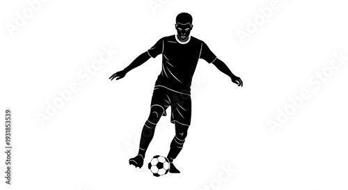 Dynamic vector illustration of an athletic male soccer player skillfully dribbling the ball, capturing the essence of competitive sport and teamwork, ideal for various design applications