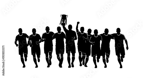 Silhouette vector illustration of a triumphant football team celebrating victory with a trophy raised high in the air, capturing the excitement of winning