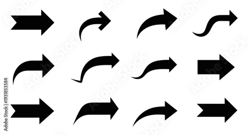 Dynamic collection of versatile black vector arrows featuring various directional styles and shapes, ideal for web design, user interface elements, and intuitive navigation