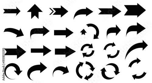 Collection of various black arrow icons and symbols vector graphics, perfect for presentations, design projects, and web applications