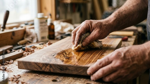 Woodworker applying finish to wooden board