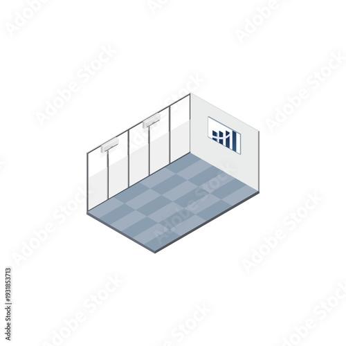 Modern Isometric Empty Workspace Interior with Air Conditioner, Business Growth Chart on Wall, and Window with Curtains