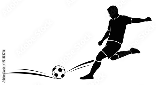Dynamic vector illustration of a male soccer player mid-action, powerfully kicking the ball with a dramatic silhouette, perfect for sports event promotion and athletic design concepts