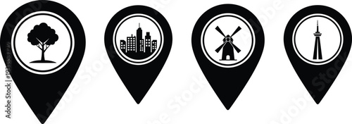 Black silhouette vector illustration of location pin icons with tree, city skyline, windmill, and tower symbols for travel and mapping design