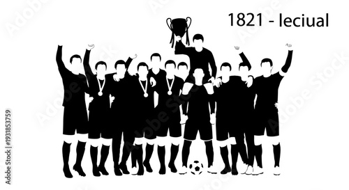 Dynamic vector illustration of a jubilant championship-winning sports team. Athletes proudly hoist their prestigious trophy, symbolizing collective triumph and success