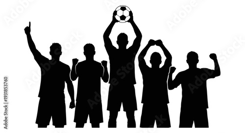 Vector illustration of a triumphant football team holding up the championship trophy, celebrating victory and success on the field in a dynamic silhouette style